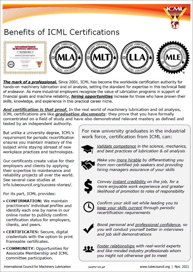 'Certification benefits' flyer for new practitioners joining the industrial work force